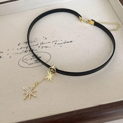 Unique Octagram Star Pendant Leather Rope Necklace Fashion Jewelry for Women