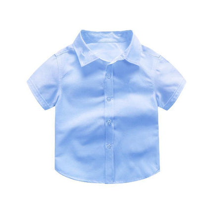 Boys Children's Kids Blue Short Sleeve School Shirt Open Neck With Lay Back Collar - Aimall