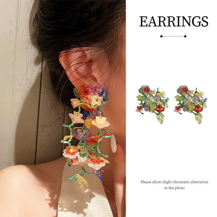 Colourful Flower Long Drop Earrings Elegant Sweet Jewelry for Women Fashion Gift