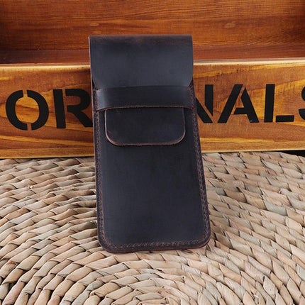 2PCS Vintage Handmade Genuine Leather Pencil Case Set Cowhide Protective Holder
