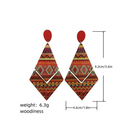 Boho Print Wood Earrings Diamond Shape Drop Dangle Fashion Jewelry for Women