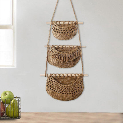 Three Layer Cotton Rope Wall Hanging Basket Door Storage Rack Organizer Bag