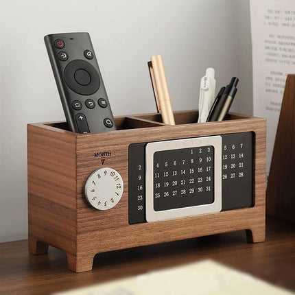 Black Walnut Wood Perpetual Calendar Pen Holder Desktop Organizer Office Storage