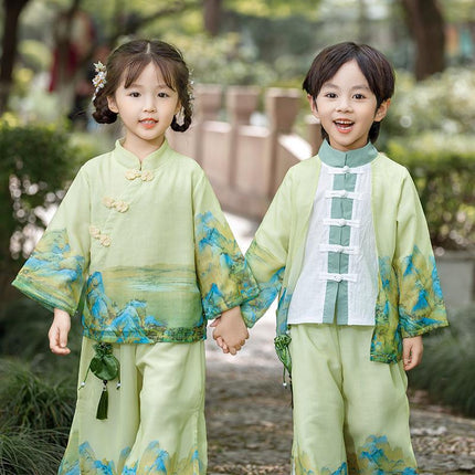 Boys Landscape Painting Performance Costume Chinese Style Traditional Green Set