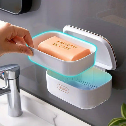 Household Wall Mounted Soap Box With Lid Drainage Non Punch Bathroom Storage Box