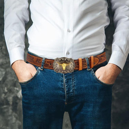 Retro Punk Belt with Cow Head Large Plate Buckle Trendy Western Waist Strap