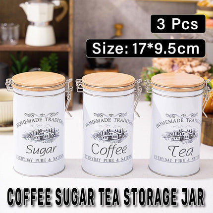 3PCS White Tinplate Coffee Tea Sugar Storage Jar Set Sealed Kitchen Counter