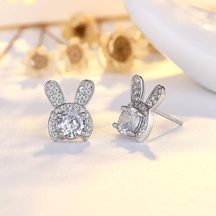 Silver Crystal Rabbit Ear Drop Dangle Earrings Women Fashion Jewelry Girl Gift - Aimall