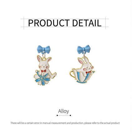 Cartoon Rabbit Earrings with Blue Bow Irregular Shape Cute Fashion Jewelry