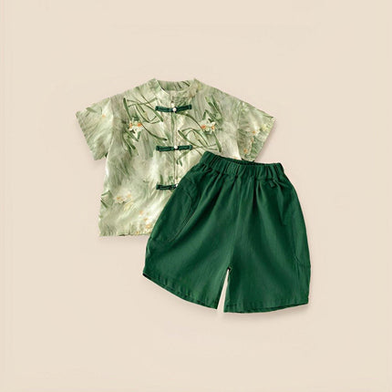 Summer Chinese-style Boys Green Short-Sleeved Shirt Short Pant Two-Piece Thin