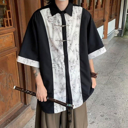 Men Chinese Style Summer Short Sleeve Shirt Lightweight Casual Tang Suit