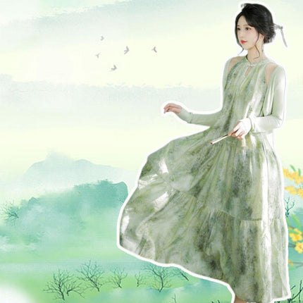 Women Chinese Style Green Halter Neck Long Dress Elegant Evening Gown