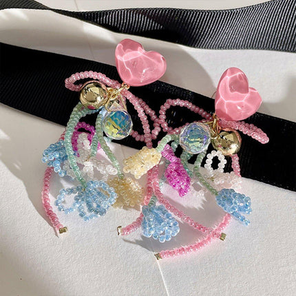 Cute Girly Pink Love Beaded Earrings Bow Bells Fashion Jewellery Women