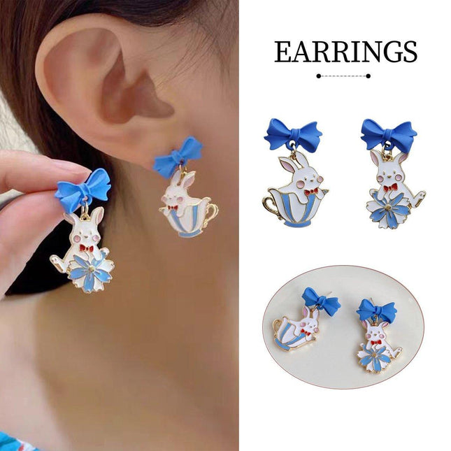 Cartoon Rabbit Earrings with Blue Bow Irregular Shape Cute Fashion Jewelry