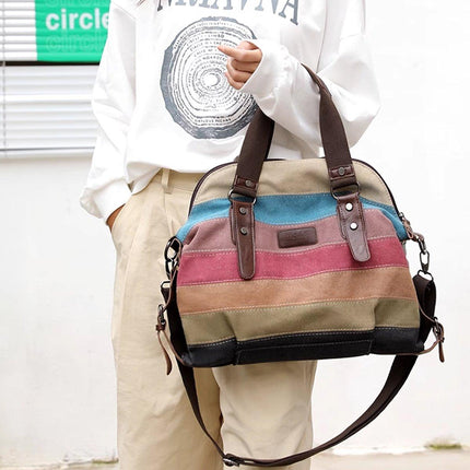 Rainbow Stripe Canvas Bag Patchwork Tote Bag Fashion Handbag Women Shoulder Bag