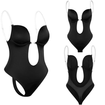 M Size Women Deep U Plunge Seamless Push Up Bra Thong Backless Bodysuit - Aimall