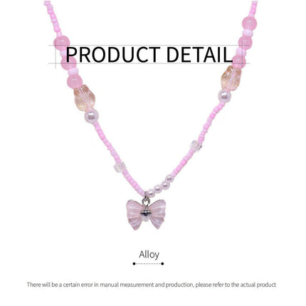 Handmade Pink Butterfly Beaded Necklace Women Girls Cute Boho Fashion