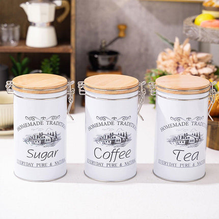 3PCS White Tinplate Coffee Tea Sugar Storage Jar Set Sealed Kitchen Counter