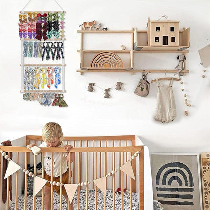 4 Tier Wooden Hair Clip Organizer Hanging Rack for Hair Clips and Ties Storage
