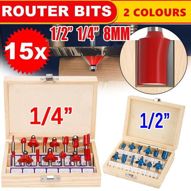 15X 1/2 1/4 inch Router Bits Set Woodworking Tool Cutter Shank Tungsten Carbide - Aimall