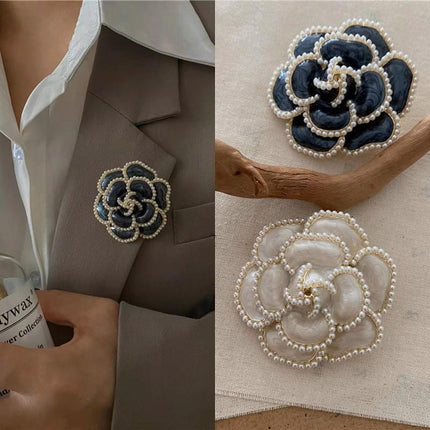 Women Enamel Camellia Fashion Rose Flower Brooch Alloy Pearl Coat Brooch Gift - Aimall