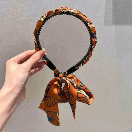 Chains patterned satin headband with Long Scarf Headband Scarf Hair Accessories - Aimall
