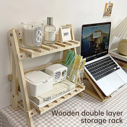 Wooden Desktop Storage Rack Double-Layer Desktop Storage Shelf Folding Organizer