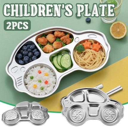 2pcs Cartoon Car Compartment Plate Stainless Steel Divided Food Tray with Sections
