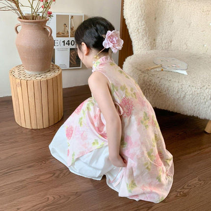 Girls New Chinese Style Cheongsam Dress Set Summer Traditional Outfit