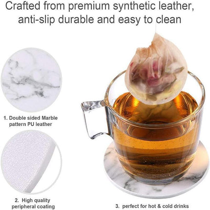 6x Coasters with Holder Marble Texture Round Cup Mat Pad Set For Drinks - Aimall