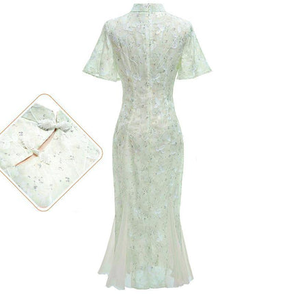 Chinese Traditional Cheongsam Women Lace Embroidered Qipao Evening Dress - Aimall