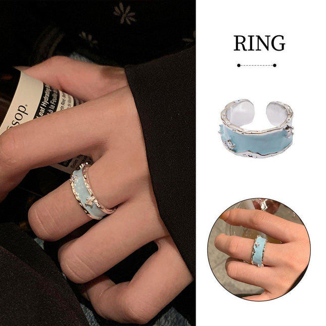 Wide Sky Blue Glaze Ceramic Ring Fashion Statement Adjustable Jewelry Gift