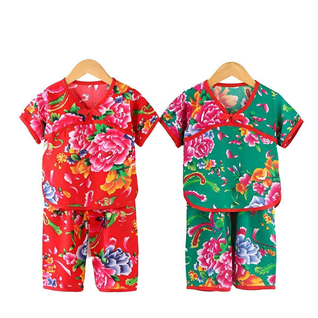Cotton Pajamas Set Boys Girls Floral Short Sleeve Top and Pants Summer Sleepwear