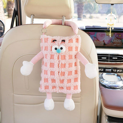 Plush Car Tissue Box Striped Plaid Seatback Hanging Tissue Holder Drawer Design