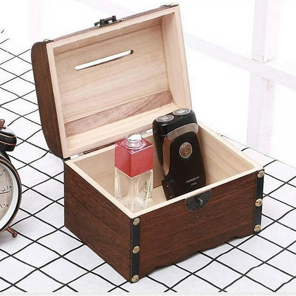 Wooden Treasure Chest Retro Money Storage Box Case Coin Piggy Bank Organizer - Aimall