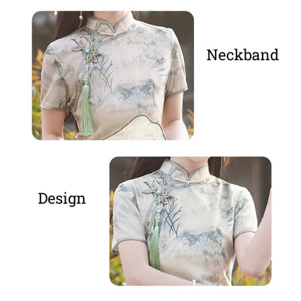 Long Cheongsam Chinese Style Slim Fit Eight Buttons Ink Painting Dress Colourful