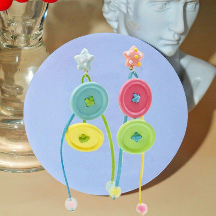 Candy-Coloured Braided Button Earrings Long Tassels Fashion Jewelry Gift