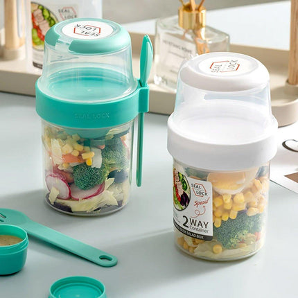 Double Plastic Salad Cup with Fork Sealed Breakfast Container for On-the-Go Meal