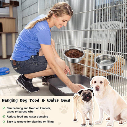2PCS Pet Bowl Dog Food Cage Crate Water 13CM Hang-on Stainless Steel Metal Cat