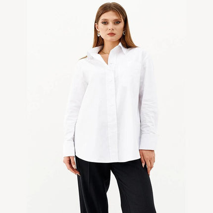 Ladies Womens Plain Long Sleeve Work Shirt Collar Office Formal Blouse Easy Care - Aimall