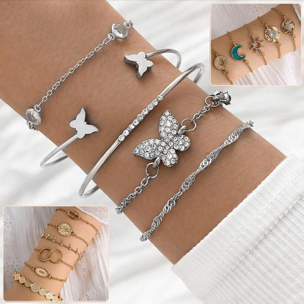 4 Stylish Hand Jewelry Diamond Set Butterfly Crescent Coin Open Set Bracelet - Aimall