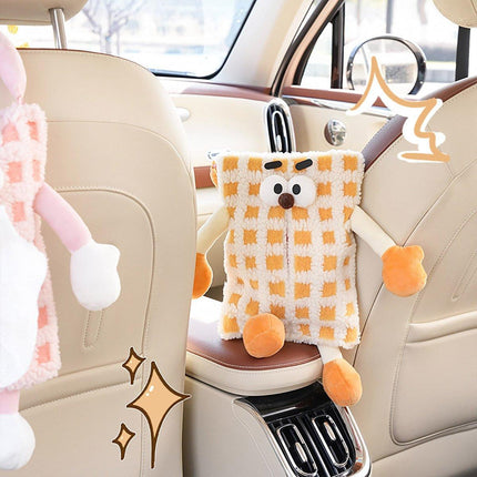Plush Car Tissue Box Striped Plaid Seatback Hanging Tissue Holder Drawer Design