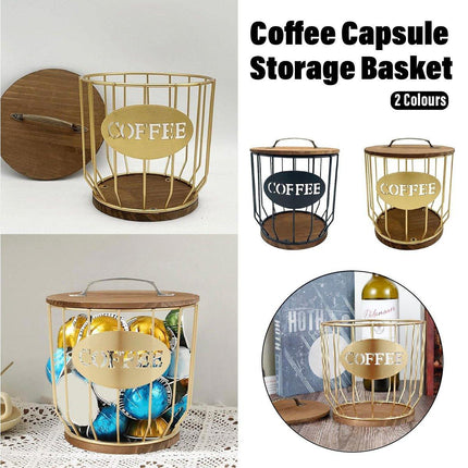 Iron Wood Coffee Capsule Storage Basket Decor Organizer for Kitchen Living Room