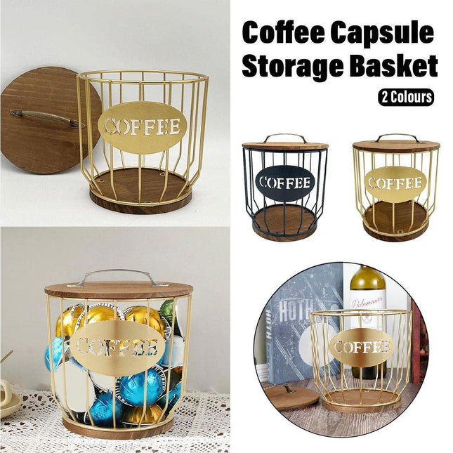 Iron Wood Coffee Capsule Storage Basket Decor Organizer for Kitchen Living Room