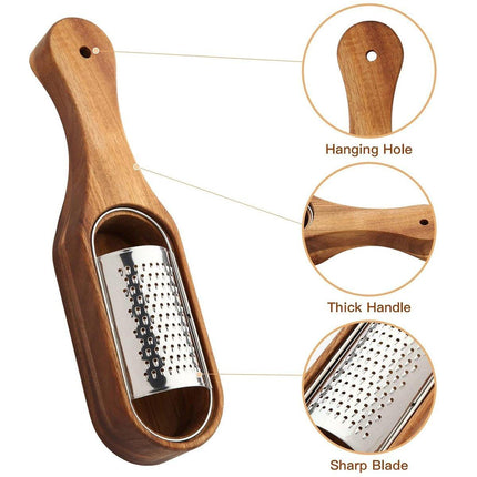 Premium Stainless Steel Cheese Grater with Acacia Wood Handle Scraper Planer