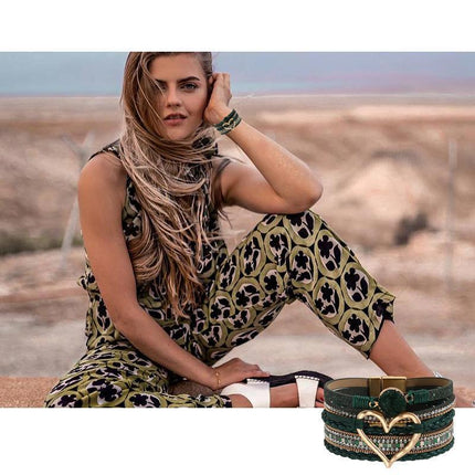 Chic Women's Multi-Color Leather Wrap Bracelet Love Heart Charms Magnetic Clasp - Aimall