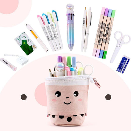 Cute Bubble Tea Cartoon Stationery Box Retractable Standing Pencil Holder Case