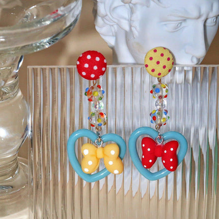 Trendy Bow Earrings Women Cute Peach Ear Clips Dotted Heart Stud Earrings