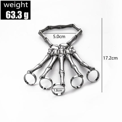 Punk Skeleton Hand Bone Five Finger Ring Bracelet Adjustable Halloween Brace - Aimall