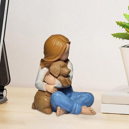 Little Girl Holding Dog Resin Figurine Cute Home Decoration Gift for Pet Lovers